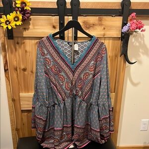 Boho V-Neck Peasant Blouse -size 22 Blue And Teal